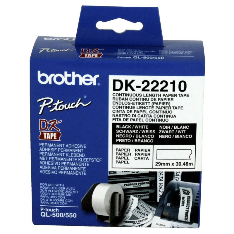 رول برچسب لیبل برادر مشکی رو سفید Brother DK-22210 paper Tape - white label Roll (29 mm * 30.48 m)